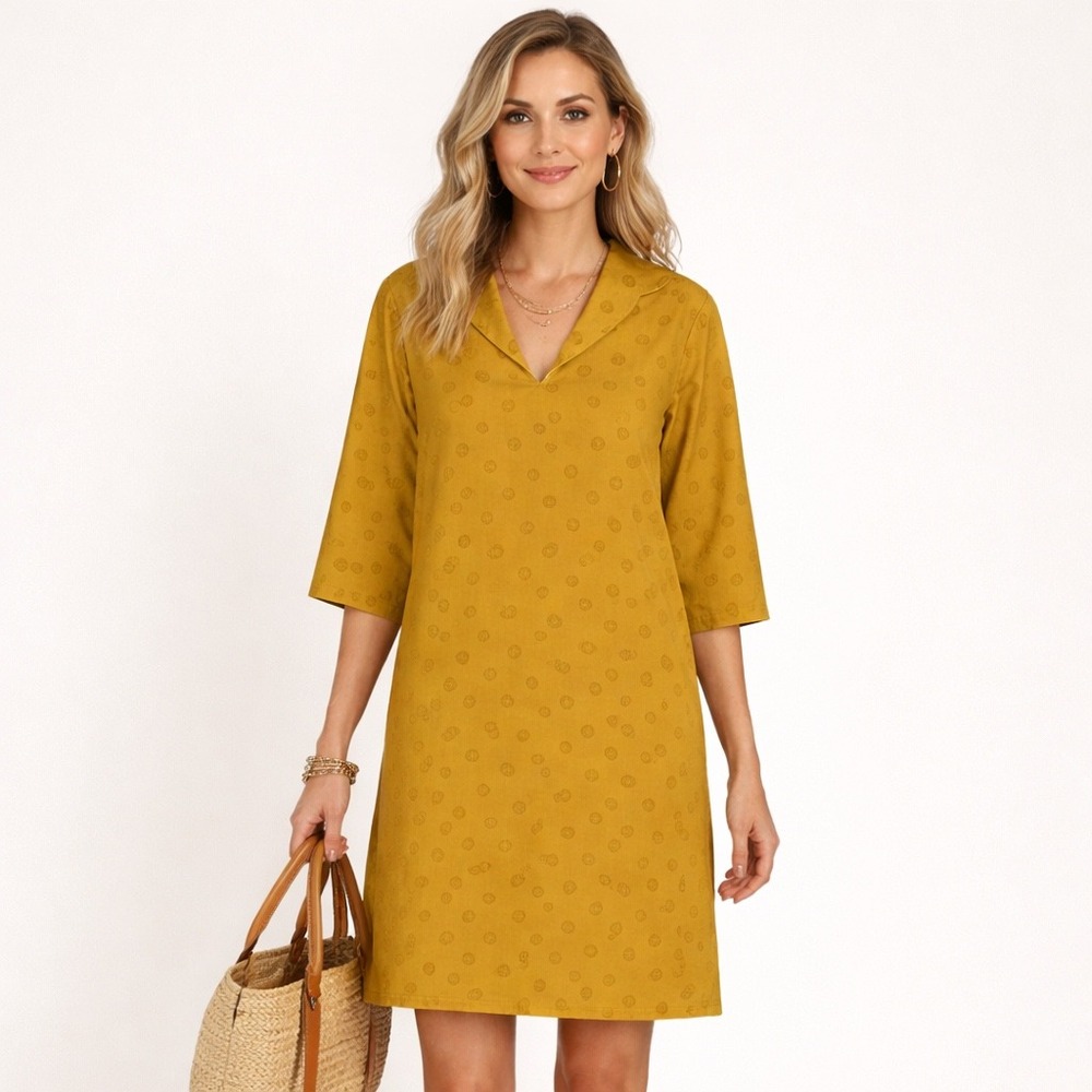 RTW Charleston Shift Dress Wmn XL Mustard Yellow Polka Dot Mod Cotton 3/4 Sleeve